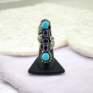 Vintage RUNNING BEAR Turquoise Amethyst Ring Size 6.5 Large 2.5" Long Sterling